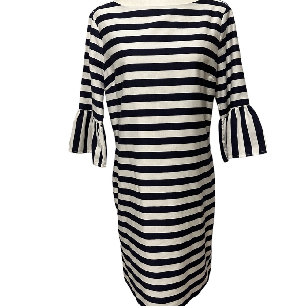 J‎ and J Navy Blue Striped Dress with Bell Sleeves Size Large Whimsical Preppy